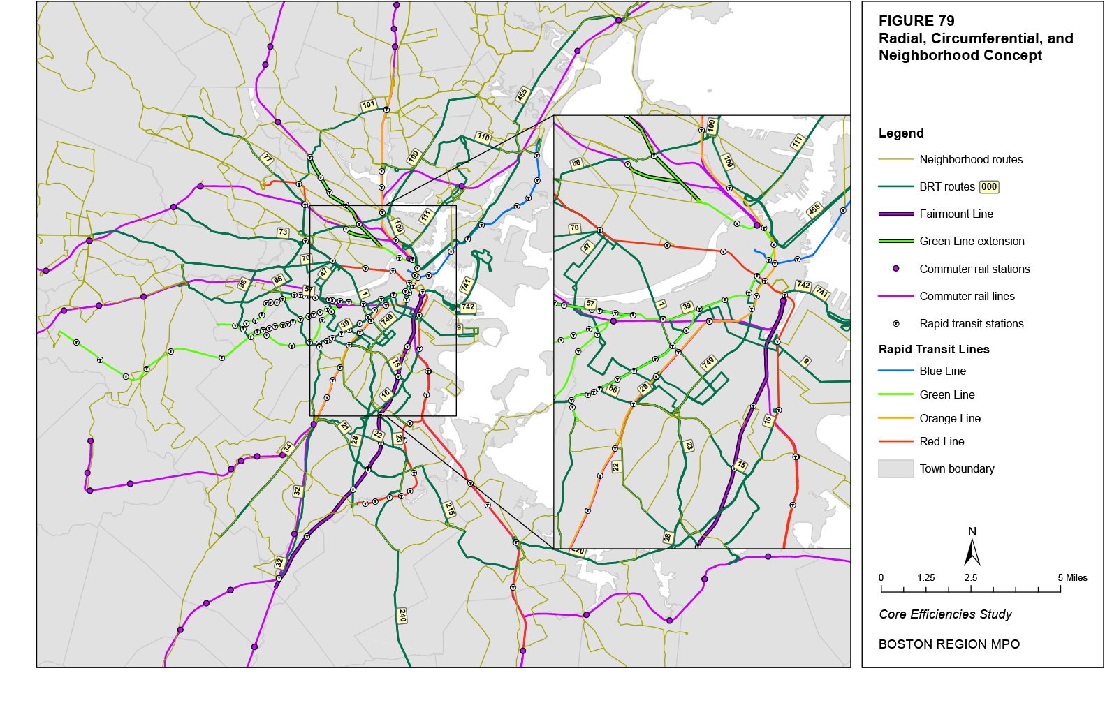 This map shows the MBTA bus, rapid transit, and commuter rail network with the proposed changes in the radial, circumferential, and neighborhood concept.